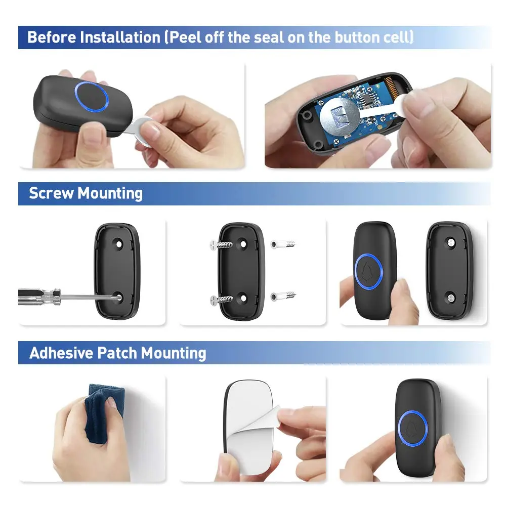 SECRUI Wireless Doorbell Kit with 2 Push Buttons & 1 Receiver | 1000ft Range, 58 Chimes, IP55 Waterproof, Black - view 8