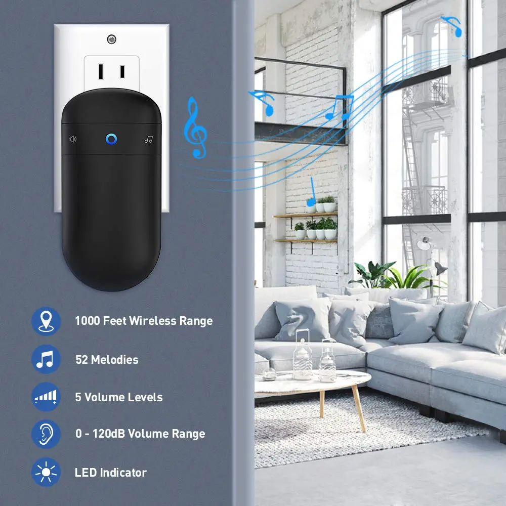 SECRUI Wireless Doorbell Kit with 2 Push Buttons & 1 Receiver | 1000ft Range, 58 Chimes, IP55 Waterproof, Black - view 3