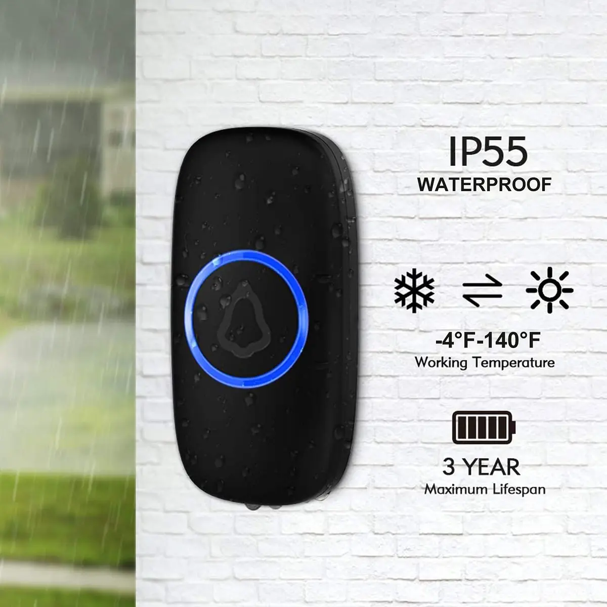 SECRUI Wireless Doorbell Kit with 2 Push Buttons & 1 Receiver | 1000ft Range, 58 Chimes, IP55 Waterproof, Black - view 4