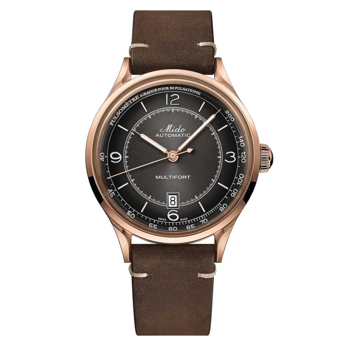 MIDO Multifort Patrimony Swiss Automatic Watch for Men - Black Dial - 40mm Stainless Steel Case with Rose Gold-Color PVD Coating - Brown Leather Strap - main product image