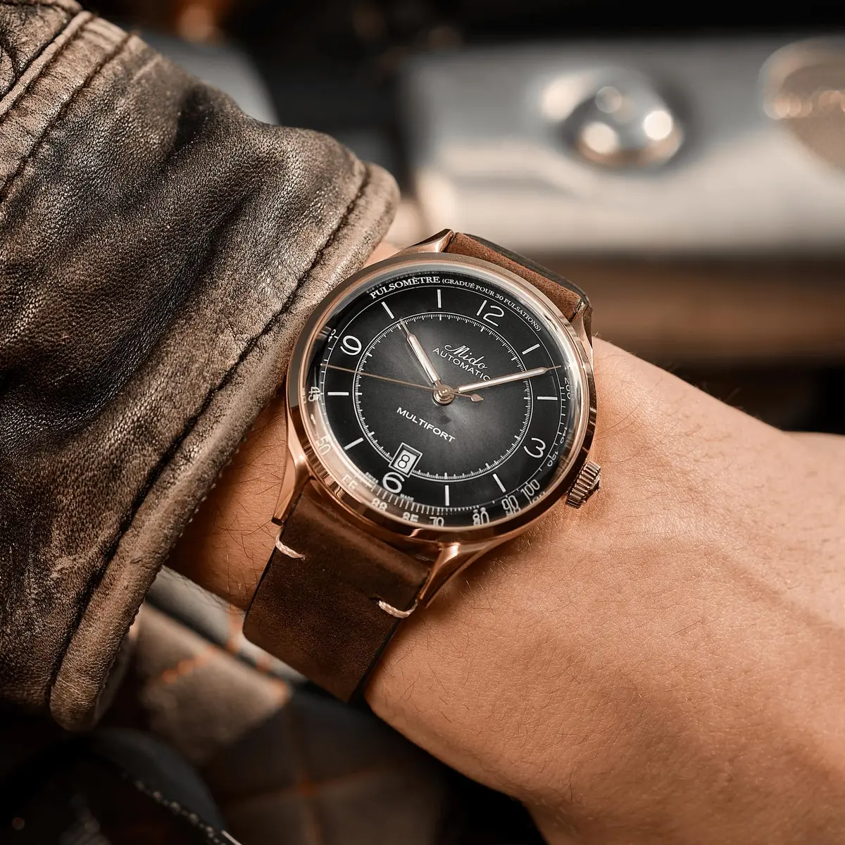 MIDO Multifort Patrimony Swiss Automatic Watch for Men - Black Dial - 40mm Stainless Steel Case with Rose Gold-Color PVD Coating - Brown Leather Strap - view 2