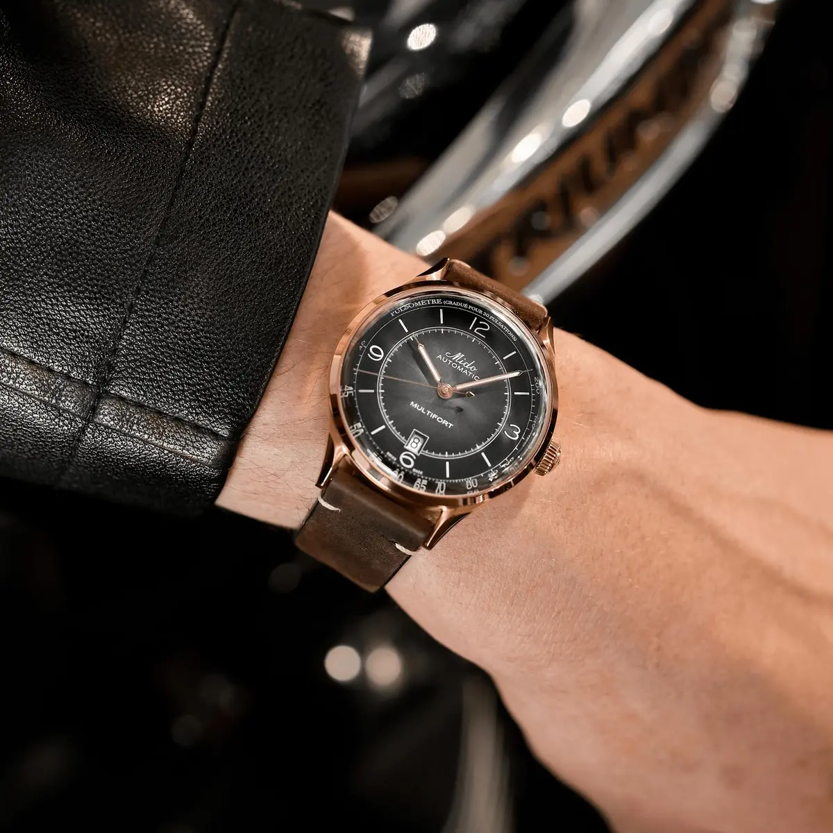 MIDO Multifort Patrimony Swiss Automatic Watch for Men - Black Dial - 40mm Stainless Steel Case with Rose Gold-Color PVD Coating - Brown Leather Strap - view 3