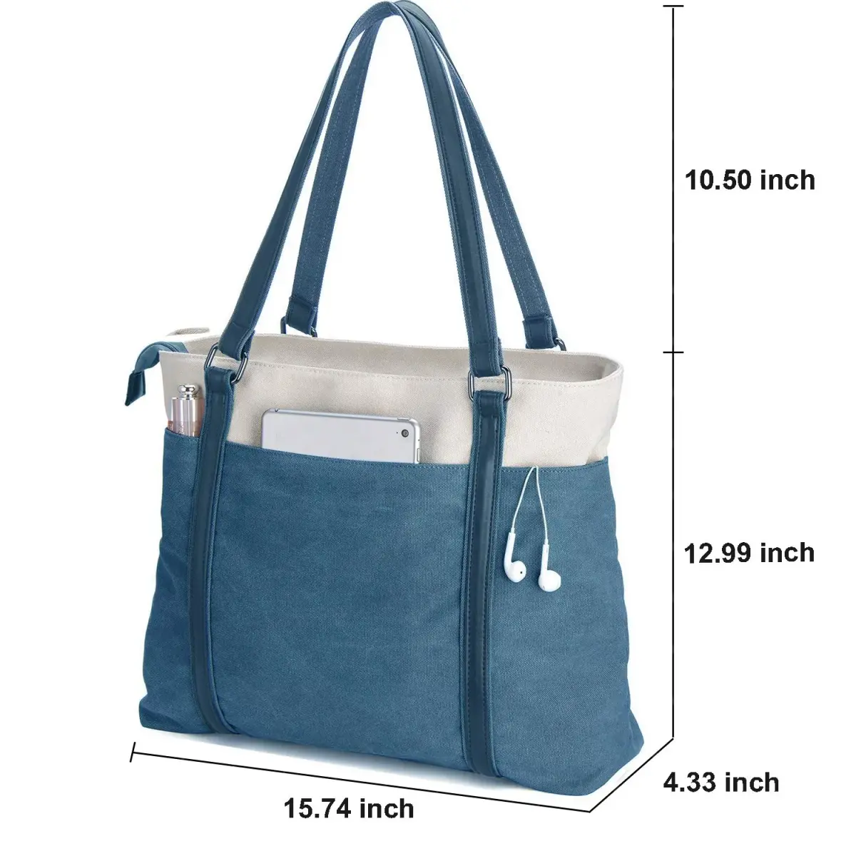 BAG WIZARD Laptop Tote Bag for Women, 15.6 Inch Blue Canvas Work Bag with Laptop Compartment and Zipper | 14 Liters Capacity - view 4
