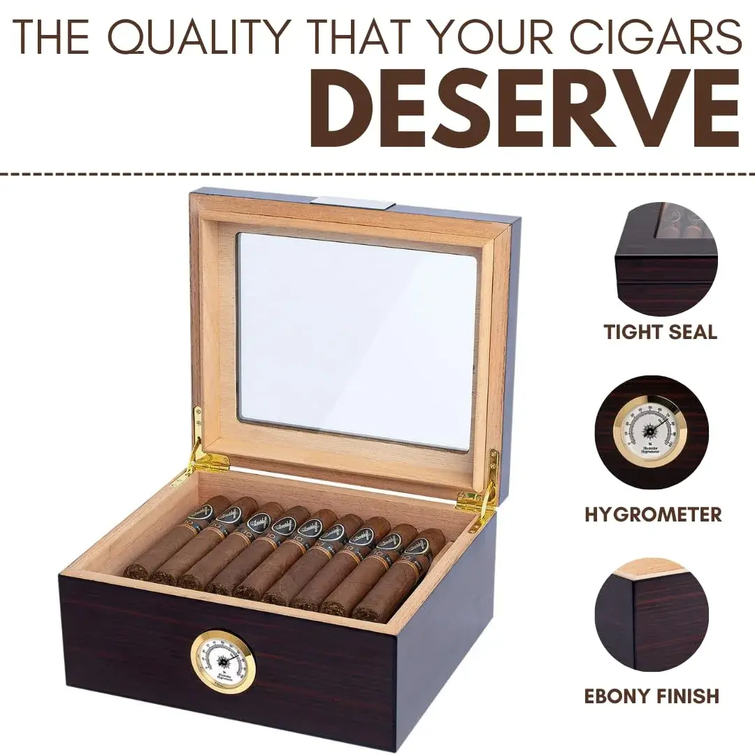 Mantello Cigars Premium Cigar Humidor for 25-50 Cigars - Walnut-Analog Glass Top Cedar Lined Box | Holds 25-50 Cigars - view 6