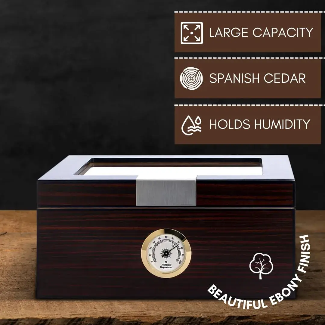 Mantello Cigars Premium Cigar Humidor for 25-50 Cigars - Walnut-Analog Glass Top Cedar Lined Box | Holds 25-50 Cigars - view 9