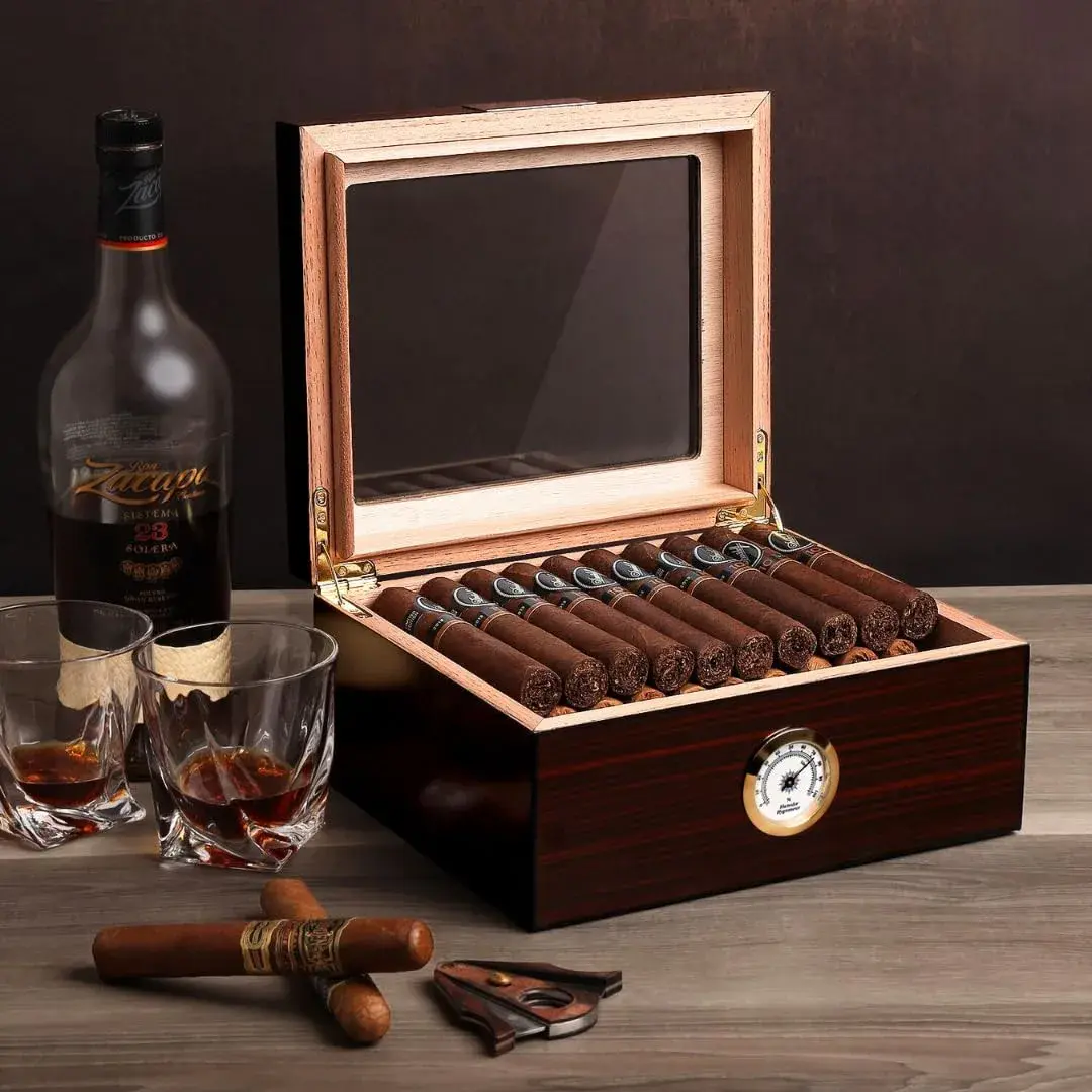 Mantello Cigars Premium Cigar Humidor for 25-50 Cigars - Walnut-Analog Glass Top Cedar Lined Box | Holds 25-50 Cigars - view 4