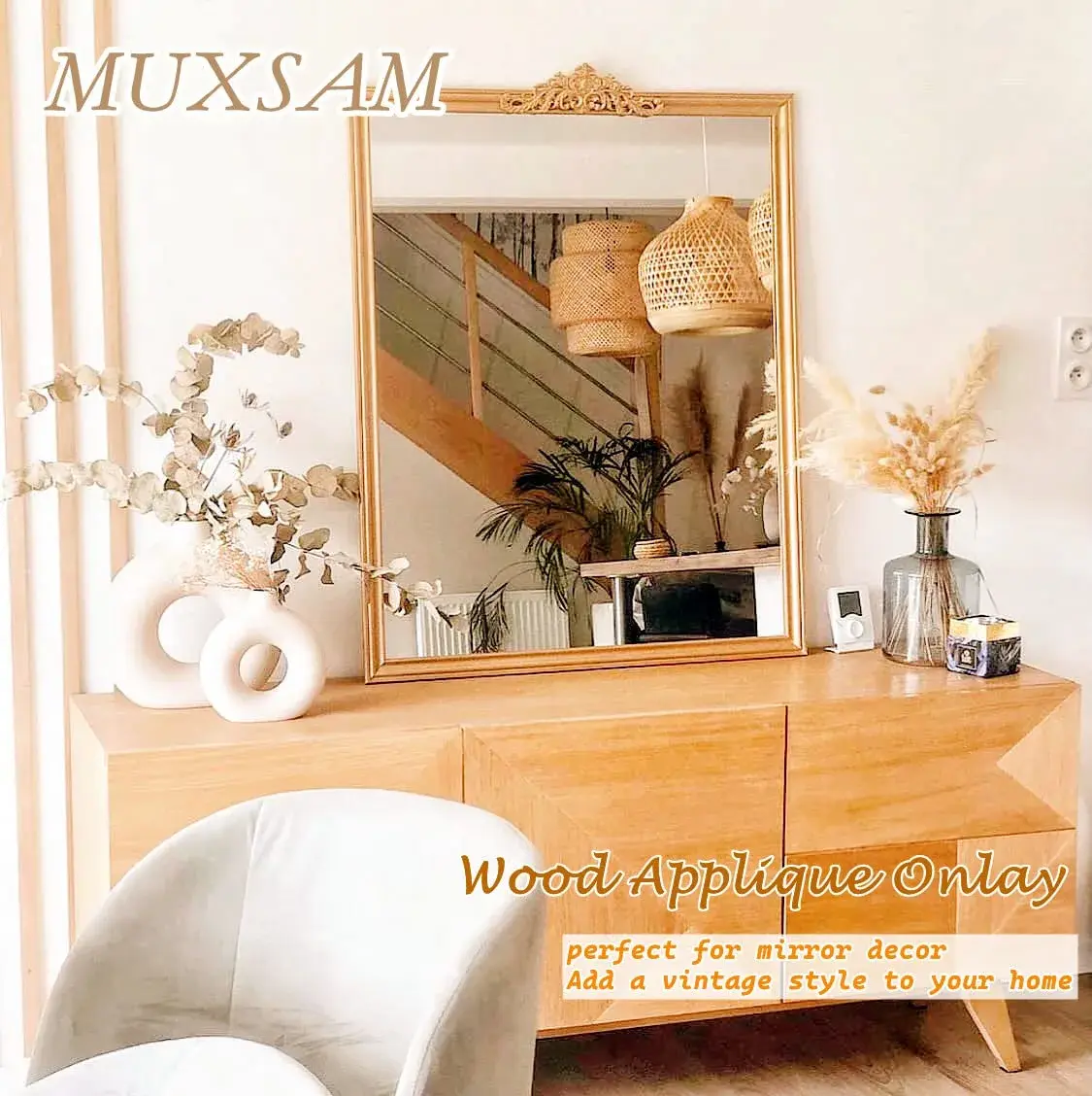 MUXSAM Wood Carved Appliques 40cm (15.75"x4.33") | Vintage Furniture Decals for DIY Projects - view 5