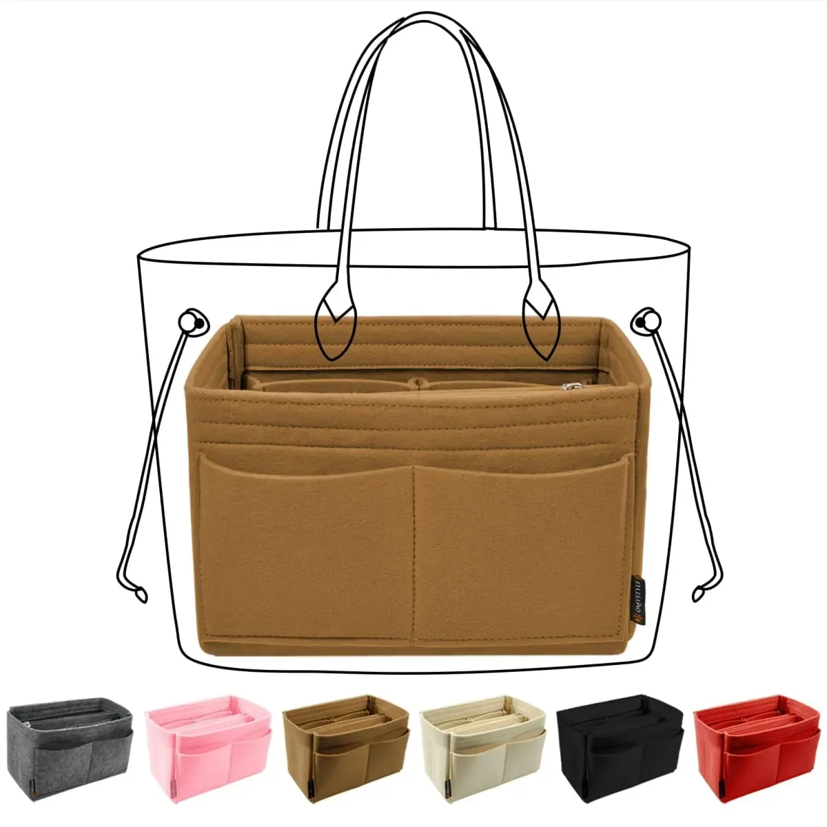 OMYSTYLE Medium Brown Felt Tote Bag Organizer Insert with 13 Pockets - main product image