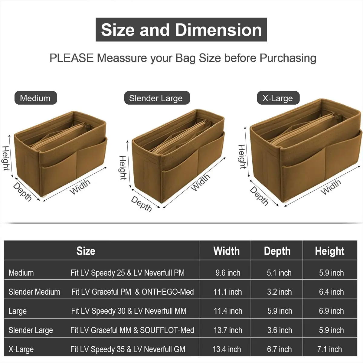 OMYSTYLE Medium Brown Felt Tote Bag Organizer Insert with 13 Pockets - view 2