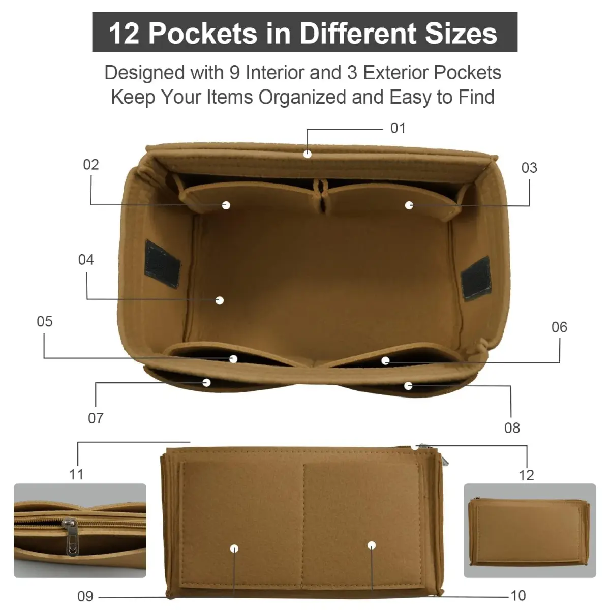 OMYSTYLE Medium Brown Felt Tote Bag Organizer Insert with 13 Pockets - view 3