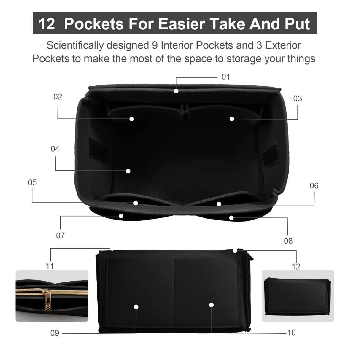 OMYSTYLE Black Medium Felt Tote Bag Organizer Insert with 13 Pockets | 24.4cm x 12.9cm x 15cm - view 3