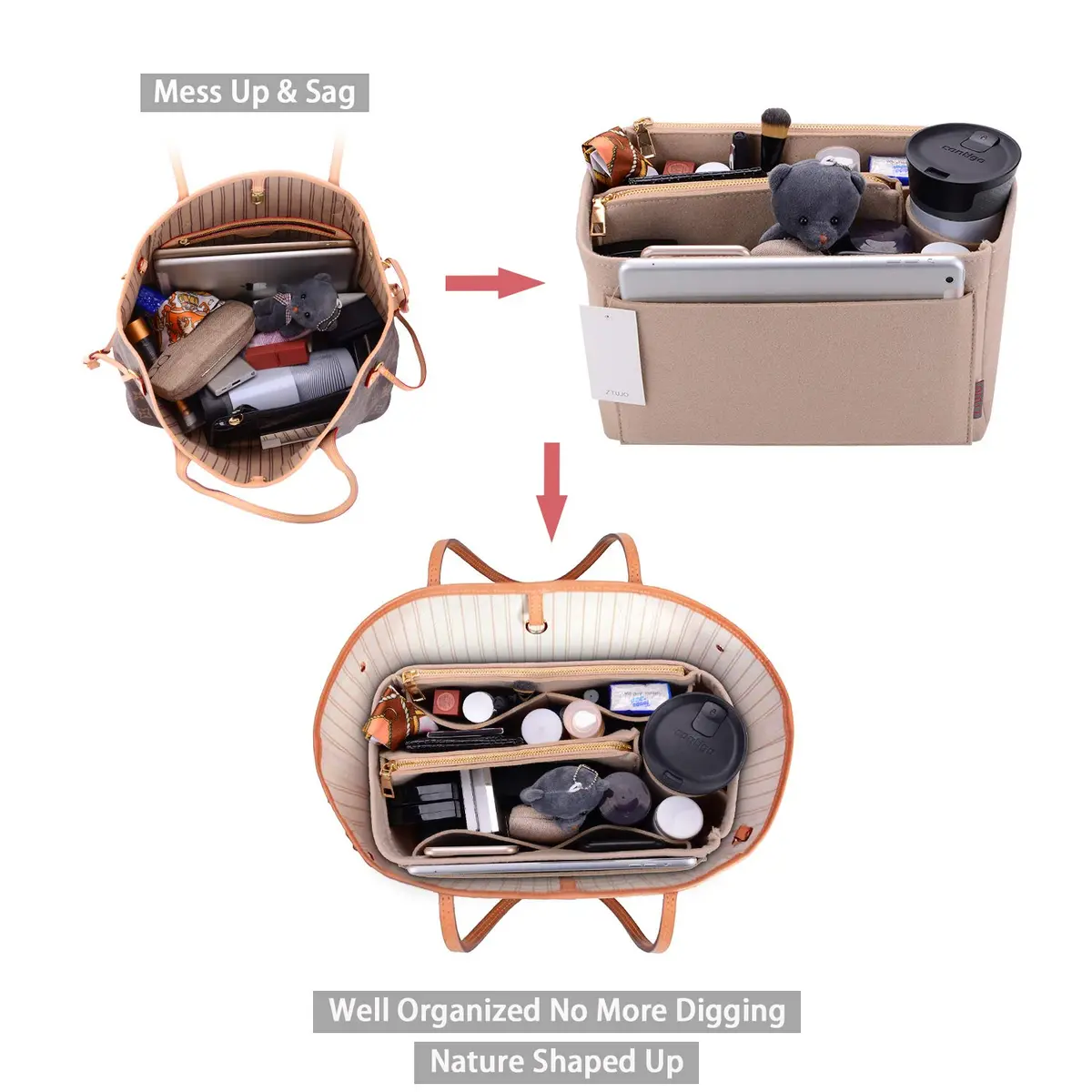 ZTUJO Slender Large Felt Purse Organizer Insert 3.35" (8.5 cm) | Keeps Handbags Shipshape - view 5