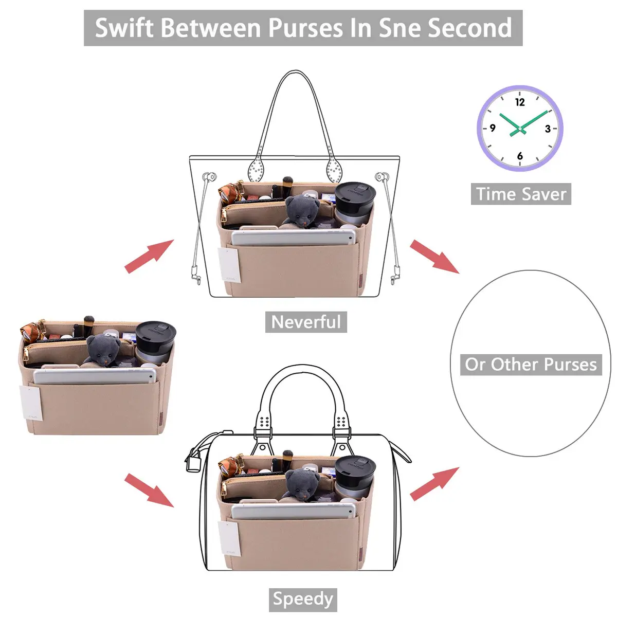 ZTUJO Slender Large Felt Purse Organizer Insert 3.35" (8.5 cm) | Keeps Handbags Shipshape - view 6