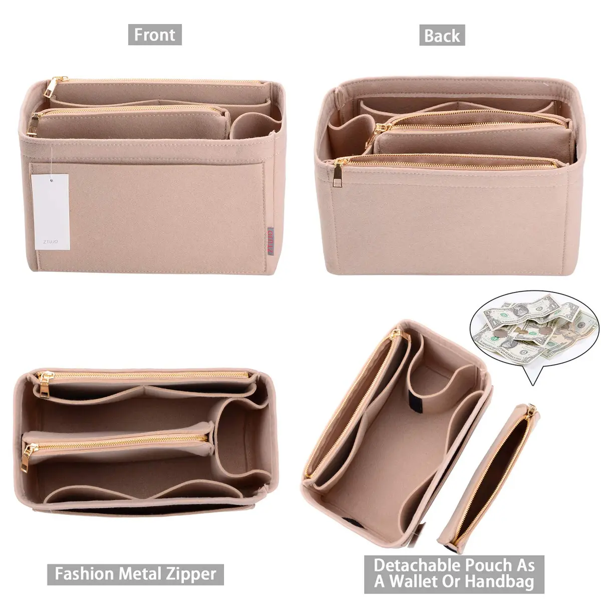 ZTUJO Slender Large Felt Purse Organizer Insert 3.35" (8.5 cm) | Keeps Handbags Shipshape - view 2