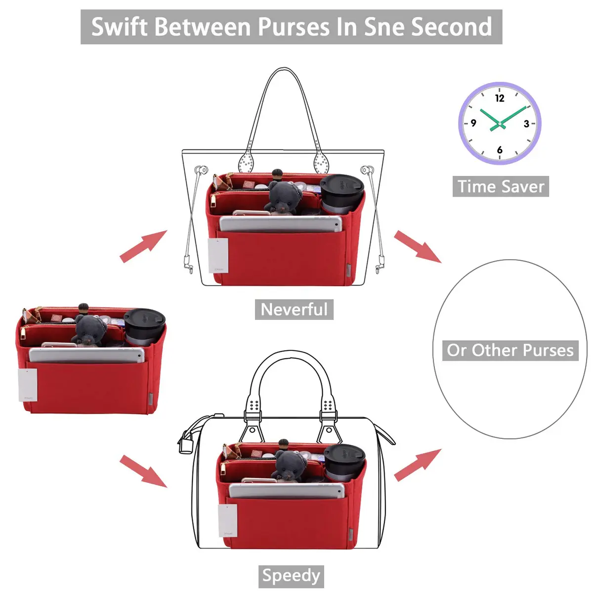 ZTUJO X-Large Felt Purse Organizer for Handbags & Totes | 6 Color Options, Removable Middle Section, Fits Speedy 40 & Neverfull GM - view 6