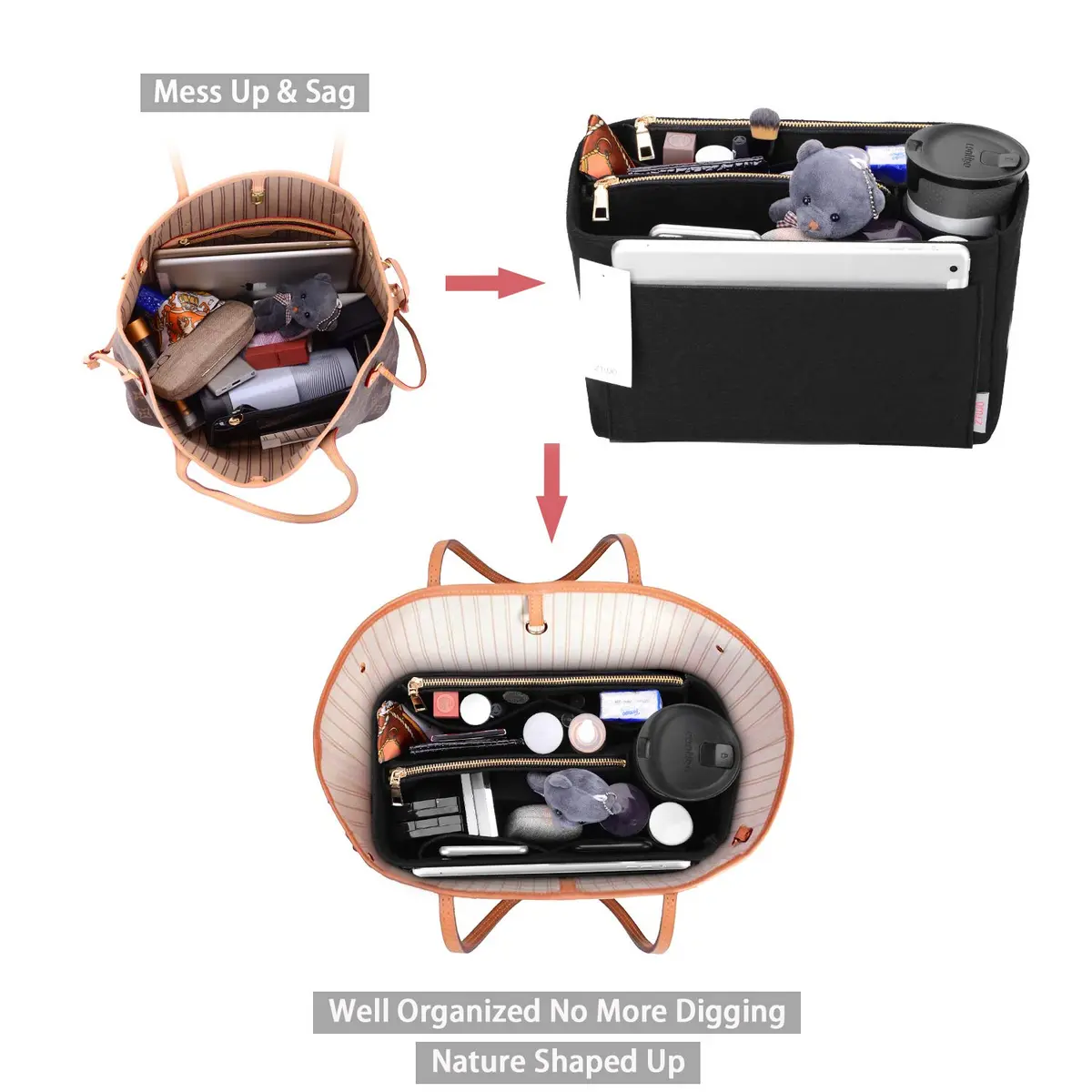 ZTUJO Large Felt Purse Organizer for Handbags & Totes | 8-Pocket, Removable Middle, Fits Speedy & Neverfull (Black) - view 5