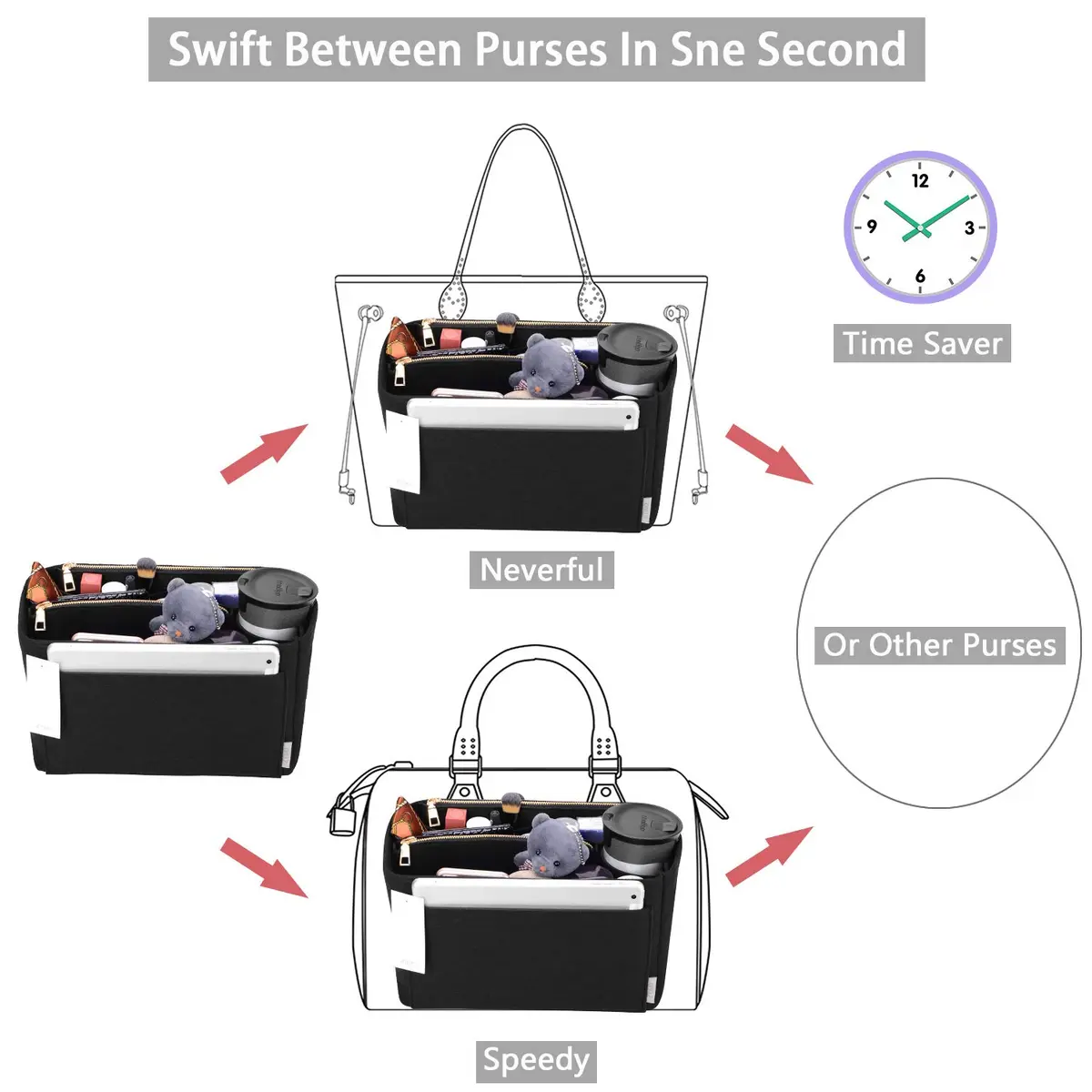 ZTUJO Large Felt Purse Organizer for Handbags & Totes | 8-Pocket, Removable Middle, Fits Speedy & Neverfull (Black) - view 6