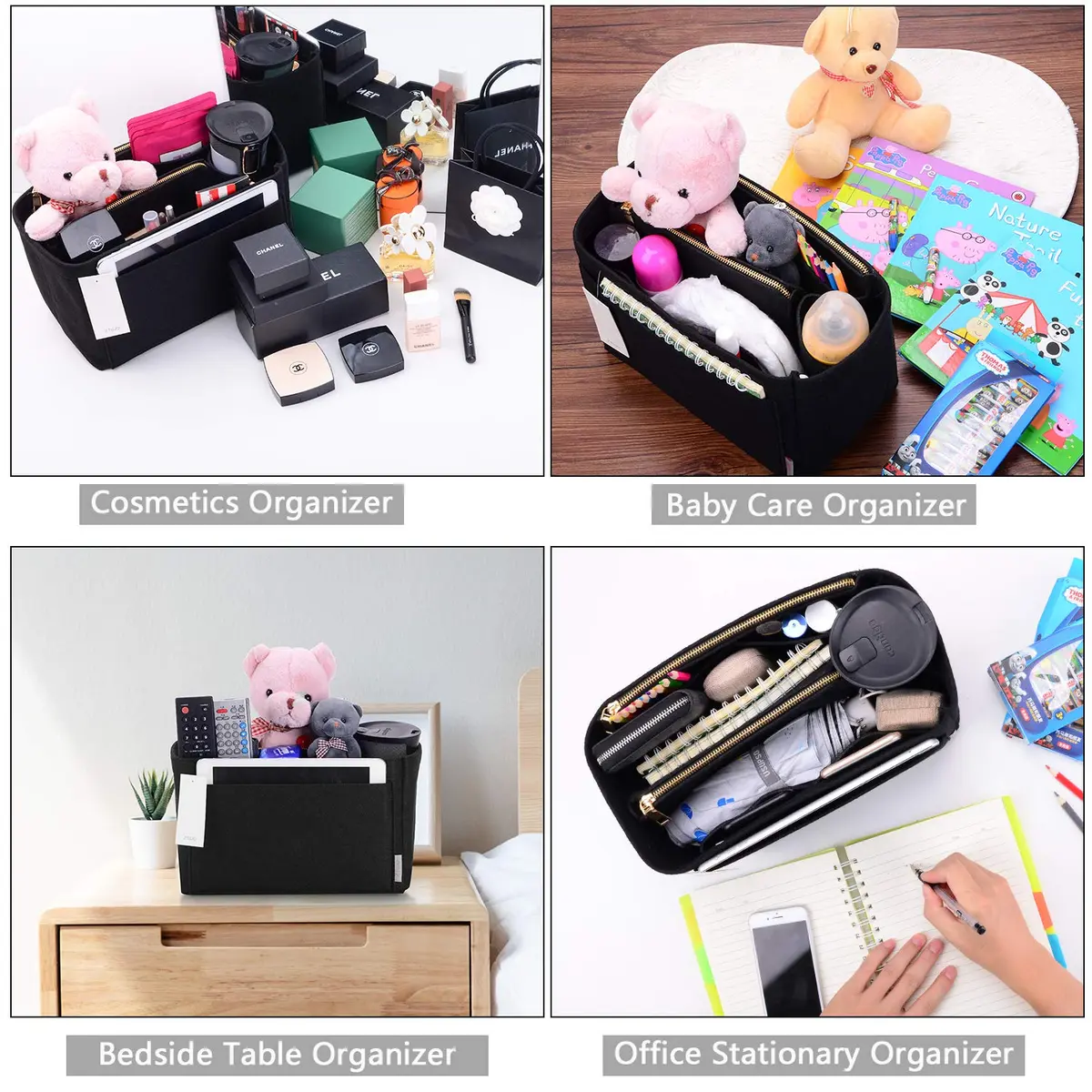 ZTUJO Large Felt Purse Organizer for Handbags & Totes | 8-Pocket, Removable Middle, Fits Speedy & Neverfull (Black) - view 7