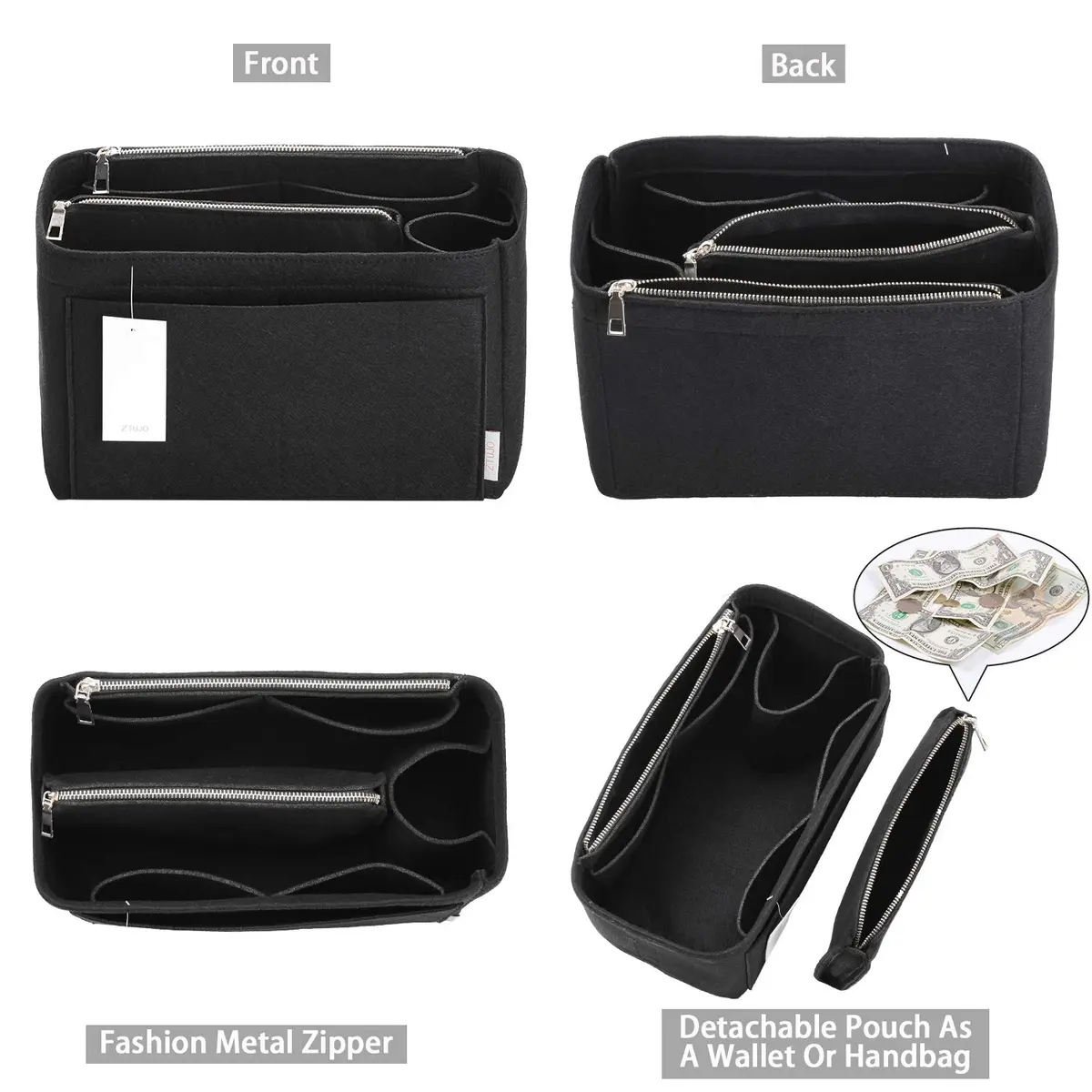 ZTUJO Large Felt Purse Organizer for Handbags & Totes | 8-Pocket, Removable Middle, Fits Speedy & Neverfull (Black) - view 2