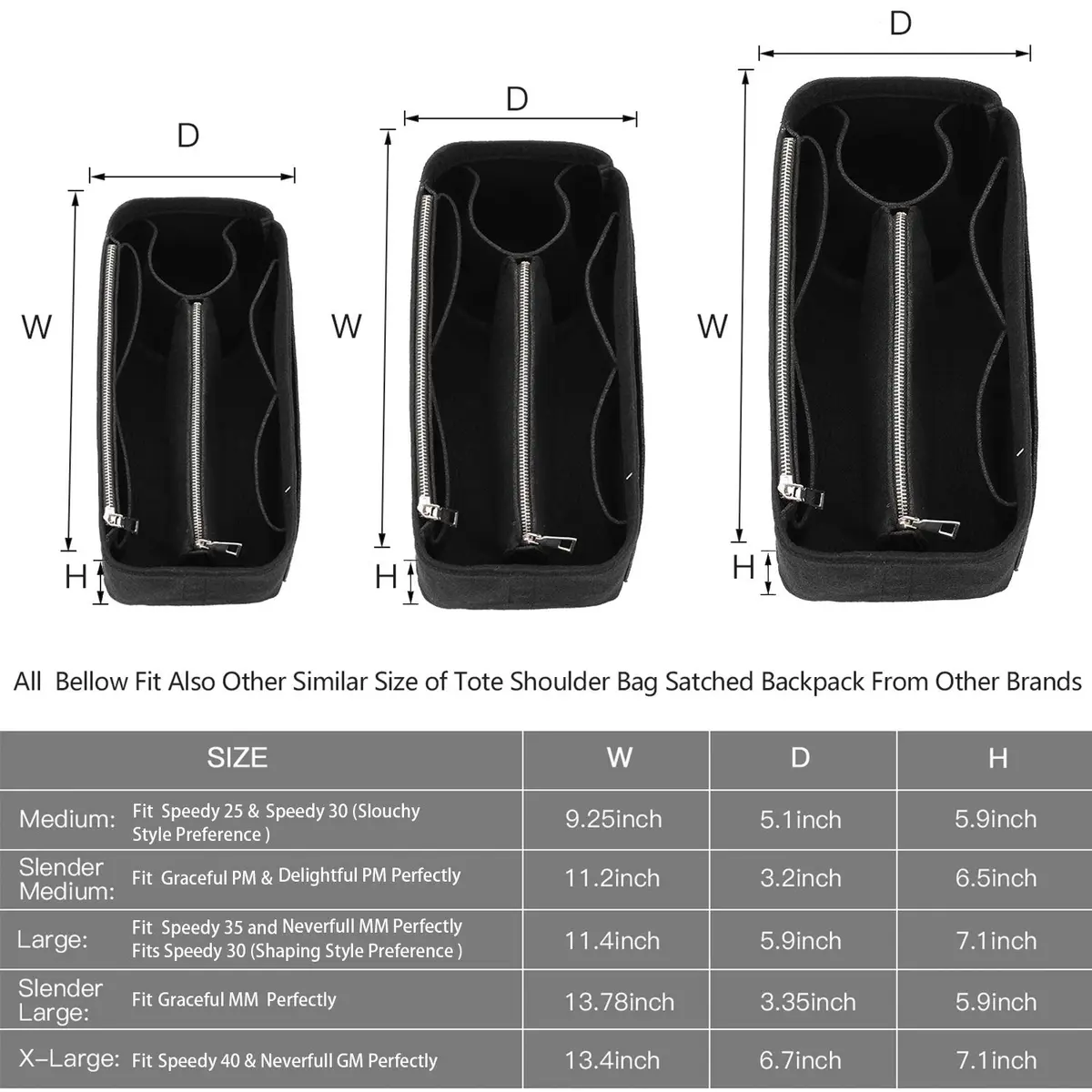 ZTUJO Large Felt Purse Organizer for Handbags & Totes | 8-Pocket, Removable Middle, Fits Speedy & Neverfull (Black) - view 3