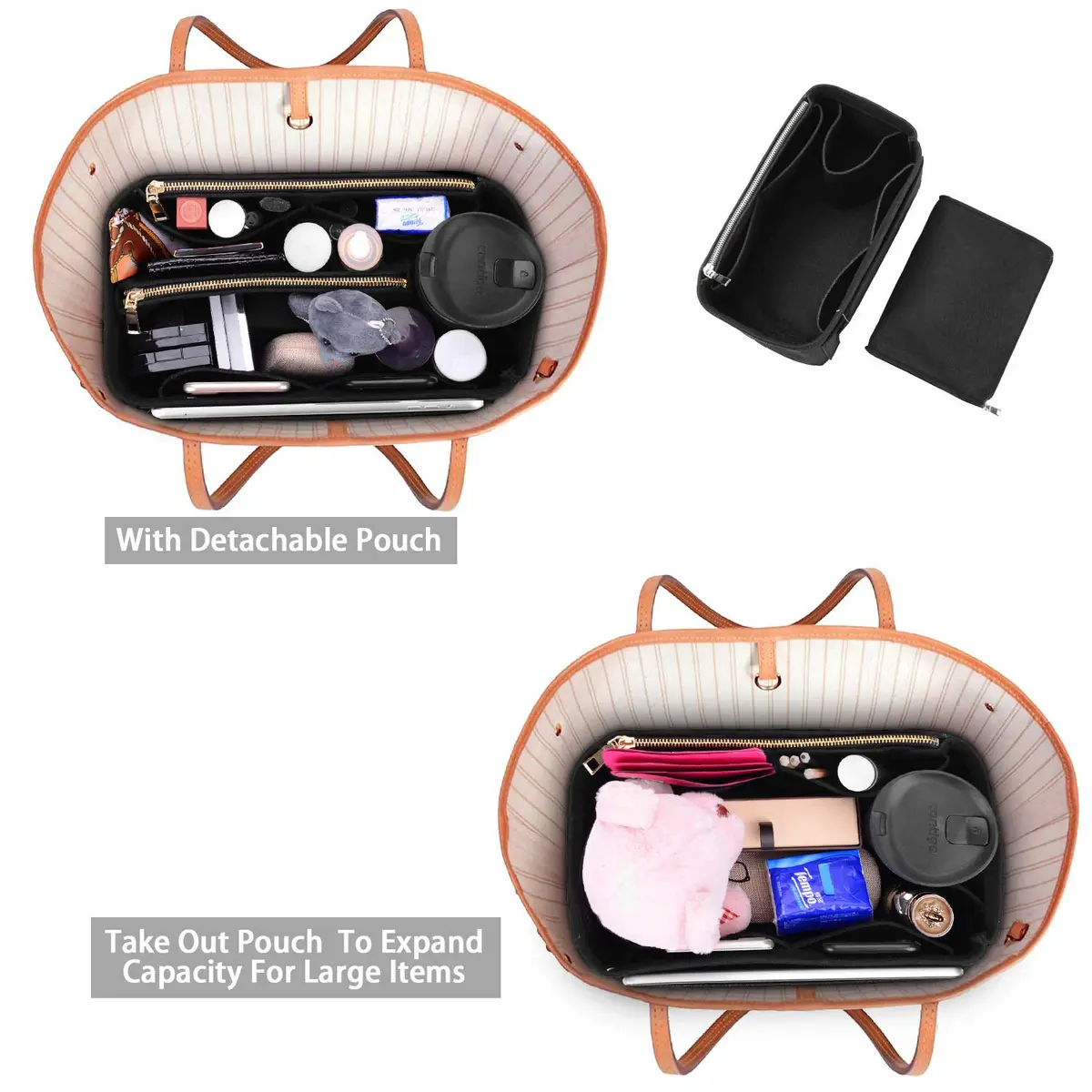 ZTUJO Large Felt Purse Organizer for Handbags & Totes | 8-Pocket, Removable Middle, Fits Speedy & Neverfull (Black) - view 4