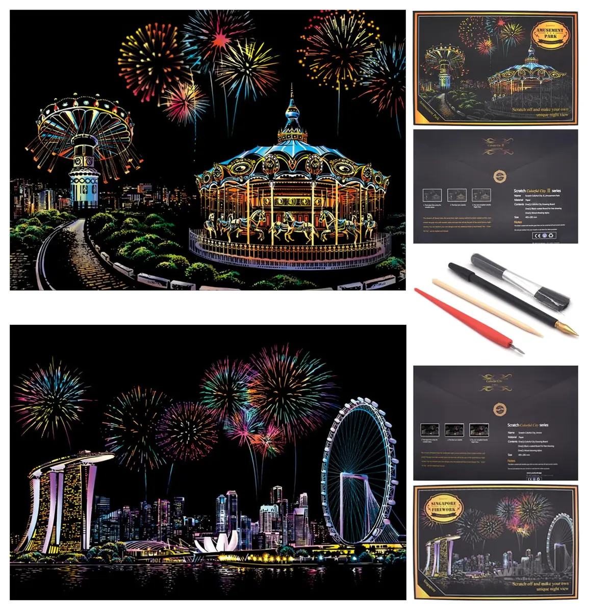 BOTEEN Scratch Rainbow Painting Art Paper Amusement Park 40.5cm x 28.5cm (16''x11'') | Creative DIY Gifts & Arts Craft Kits - main product image