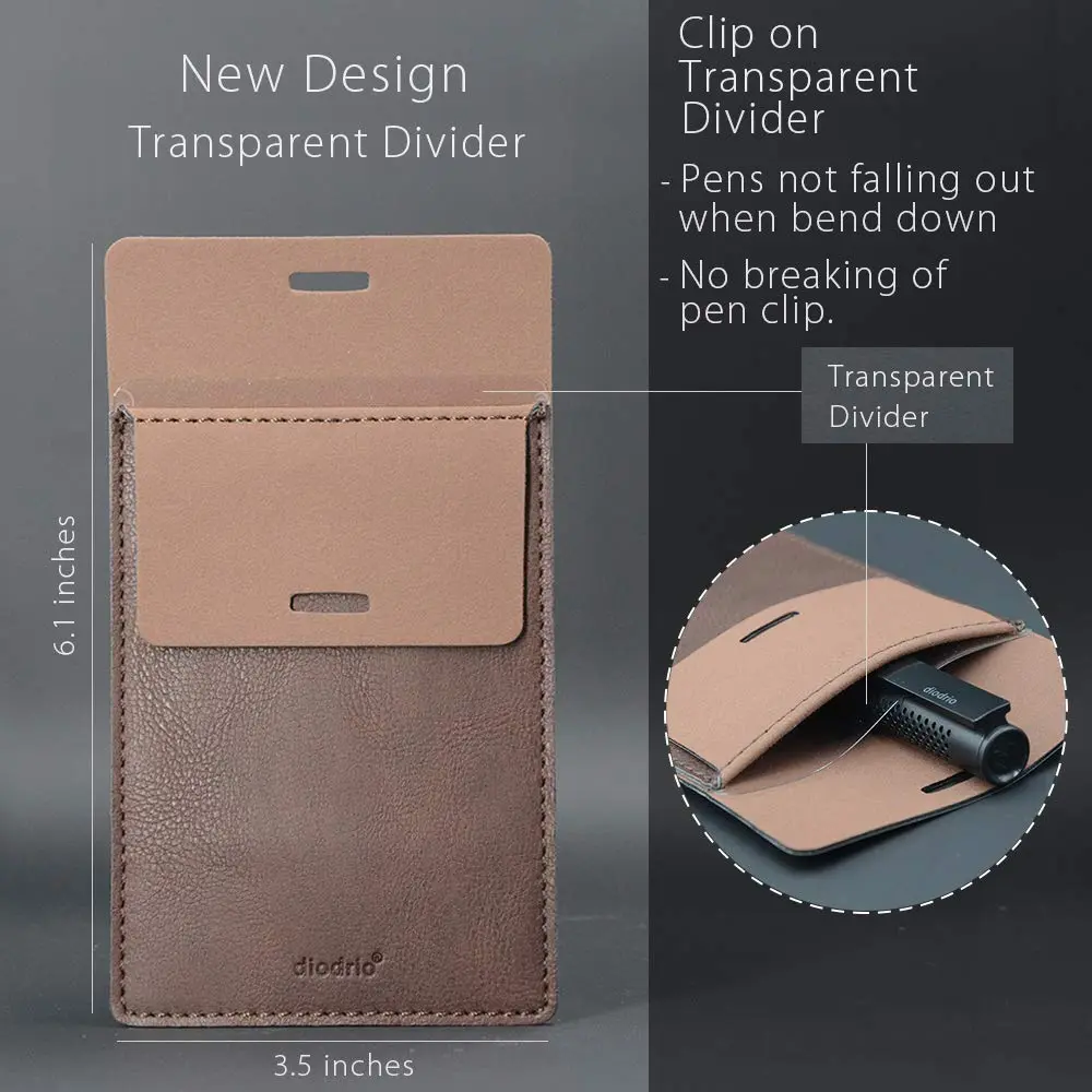 diodrio Leather Pocket Protector for Pens | Thick PU Leather, Holds 5 Pens, No Clip Breakage, for Shirts & Lab Coats (2 Pack) - view 2