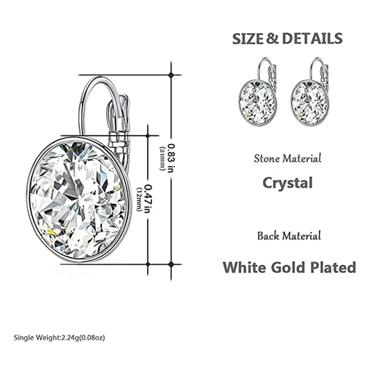 MDFUN Bella Crystal Drop Earrings Round for Women | 12mm (0.47 inch) White Crystals - view 3
