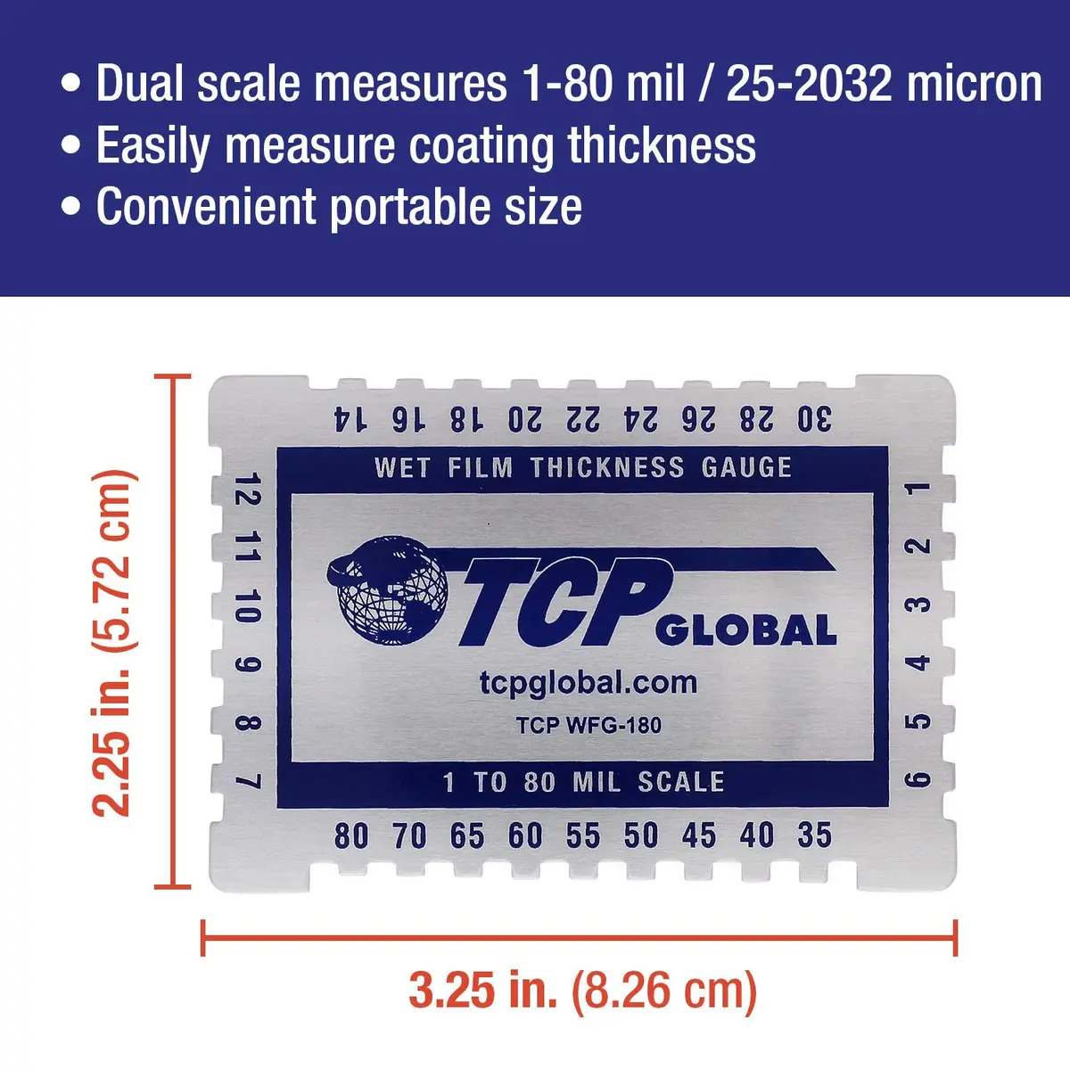 TCP Global Wet Film Thickness Gauge Comb 1-80 Mil Scale | Measures Paint & Coating Thickness - view 2