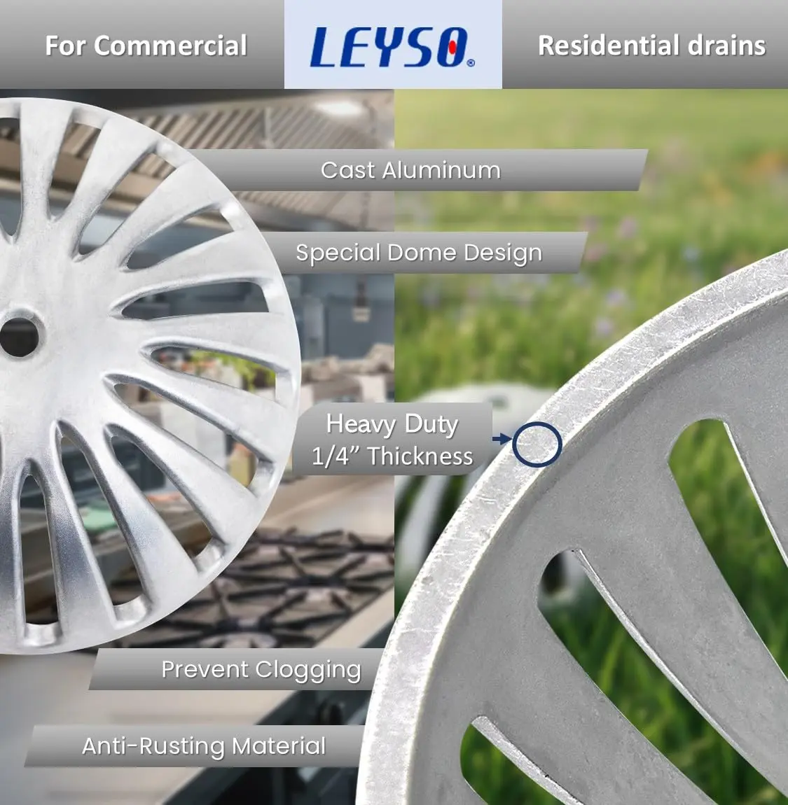 Leyso Heavy Duty Aluminum Dome Floor Drain Cover and Drain Strainer 5-1/4" | Durable Outdoor Drain Cover for Restaurant & Home - view 3