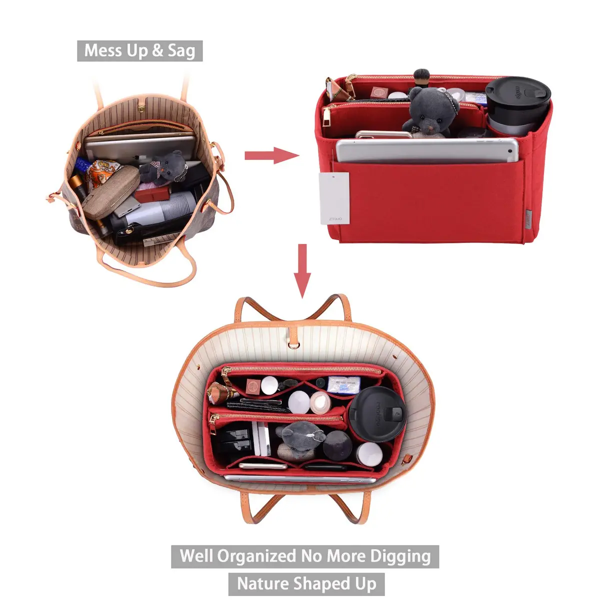 ZTUJO Purse Organizer Felt Bag Insert for Speedy, Neverfull, Graceful | 5 Sizes, Red - view 5
