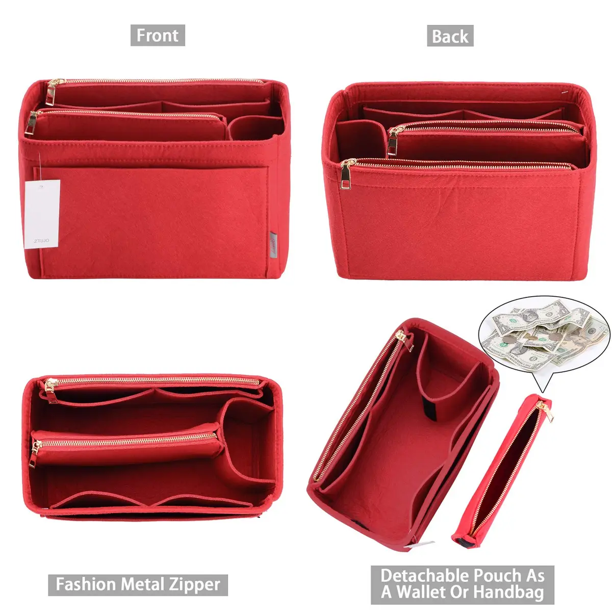 ZTUJO Purse Organizer Felt Bag Insert for Speedy, Neverfull, Graceful | 5 Sizes, Red - view 2