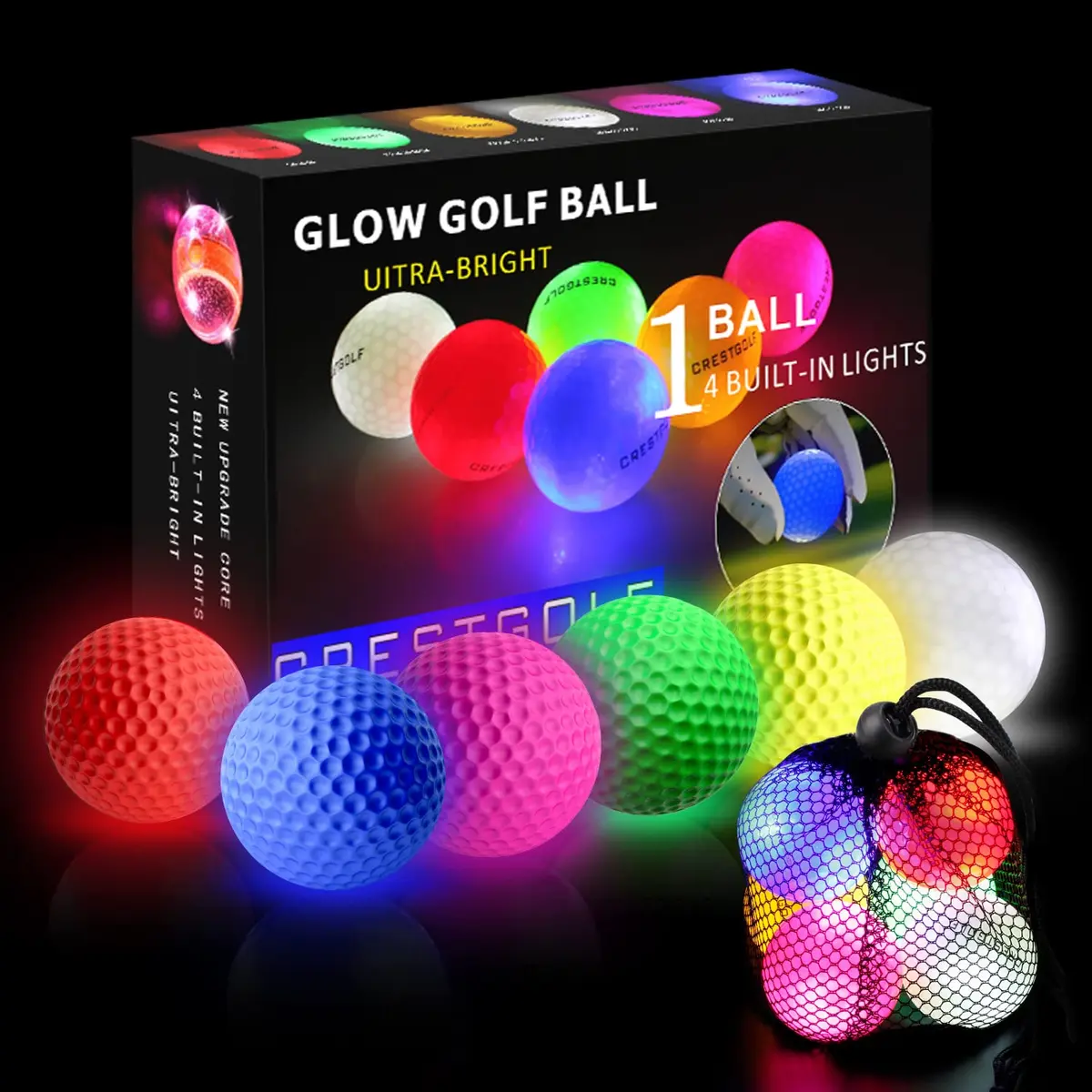 Crestgolf Glowing LED Golf Ball 6 Pack | Bright Night Glow for Golf Practice & Night Golf - main product image