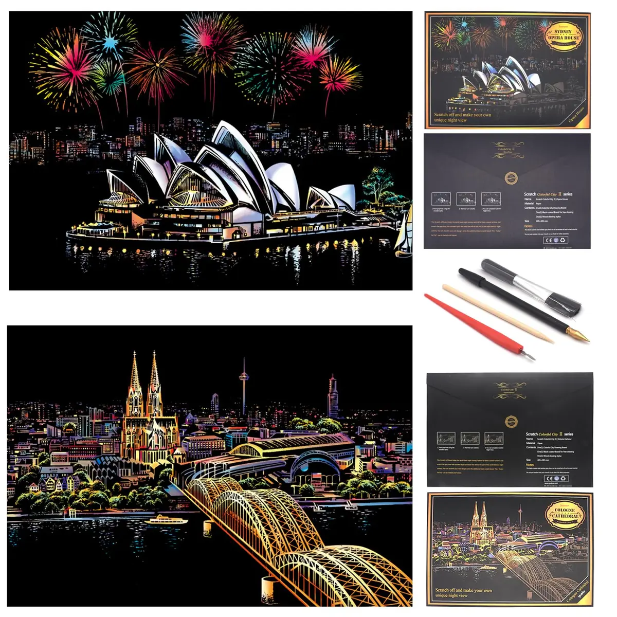 Boteen Scratch Rainbow Painting Art Paper Set with 4 Tools | 40.5cm x 28.5cm (16''x11'') - main product image