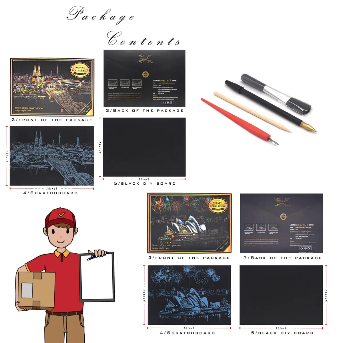 Boteen Scratch Rainbow Painting Art Paper Set with 4 Tools | 40.5cm x 28.5cm (16''x11'') - view 2
