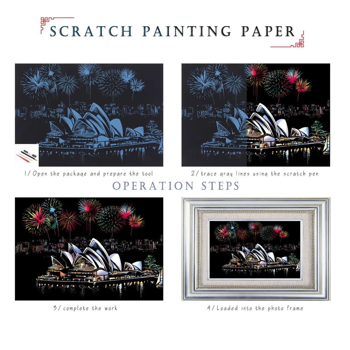 Boteen Scratch Rainbow Painting Art Paper Set with 4 Tools | 40.5cm x 28.5cm (16''x11'') - view 3