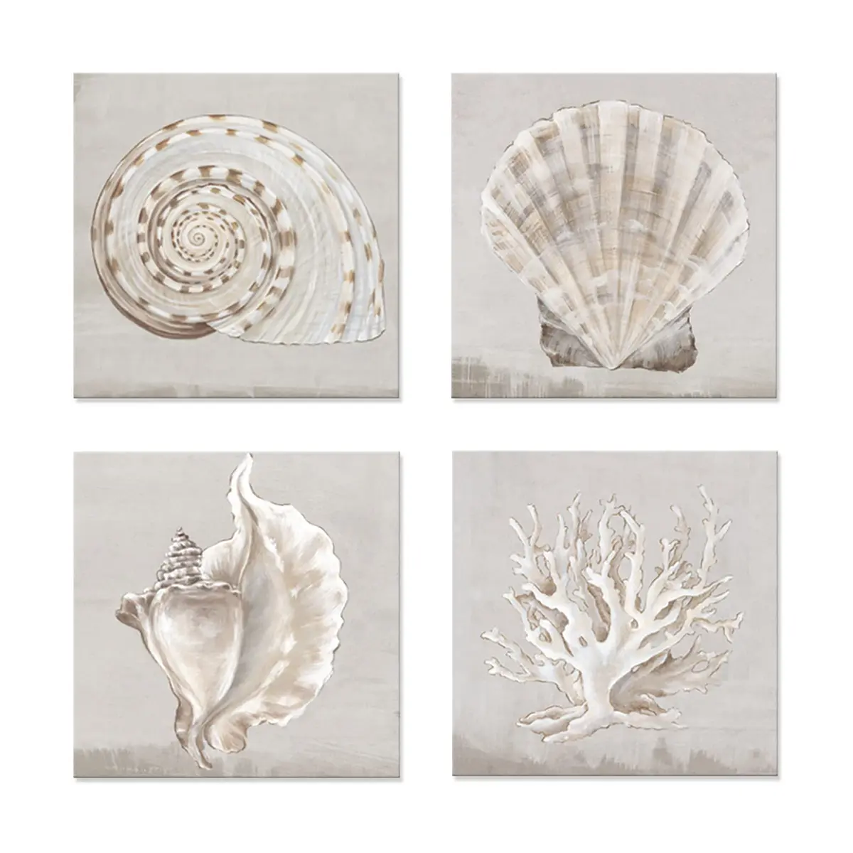 JAPO ART White Sea Shells Wall Art Set | Coastal Canvas Decor 12x12 inch x4 pcs - main product image