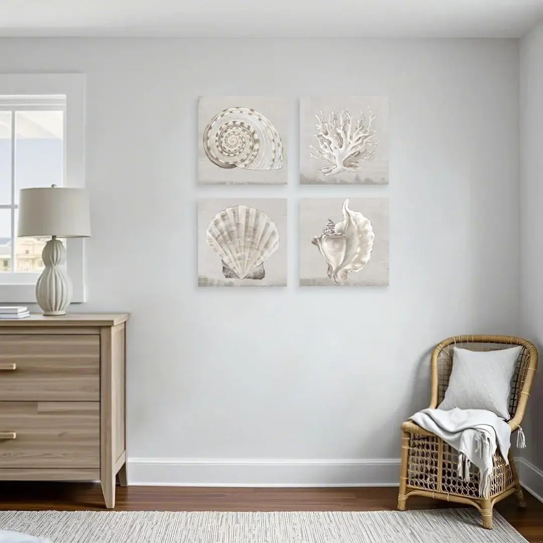JAPO ART White Sea Shells Wall Art Set | Coastal Canvas Decor 12x12 inch x4 pcs - view 6
