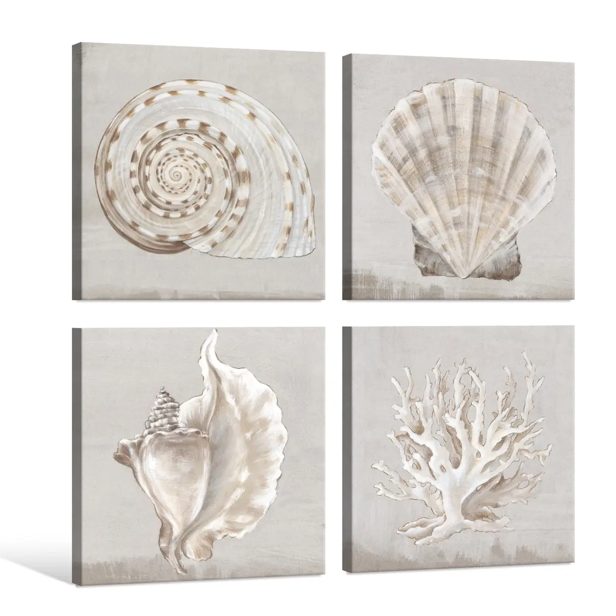 JAPO ART White Sea Shells Wall Art Set | Coastal Canvas Decor 12x12 inch x4 pcs - view 2
