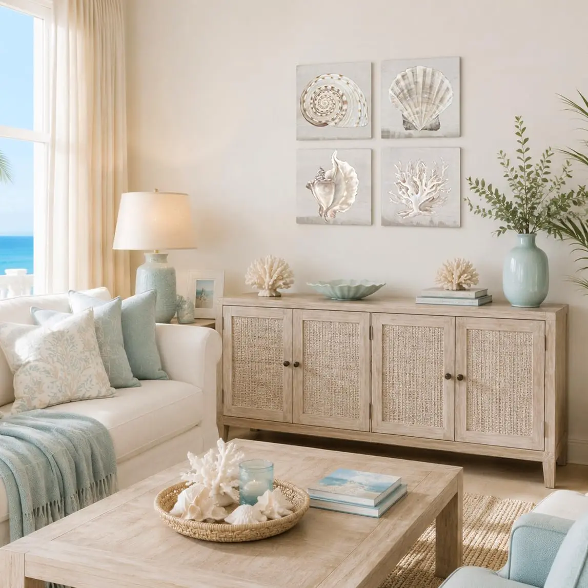JAPO ART White Sea Shells Wall Art Set | Coastal Canvas Decor 12x12 inch x4 pcs - view 4