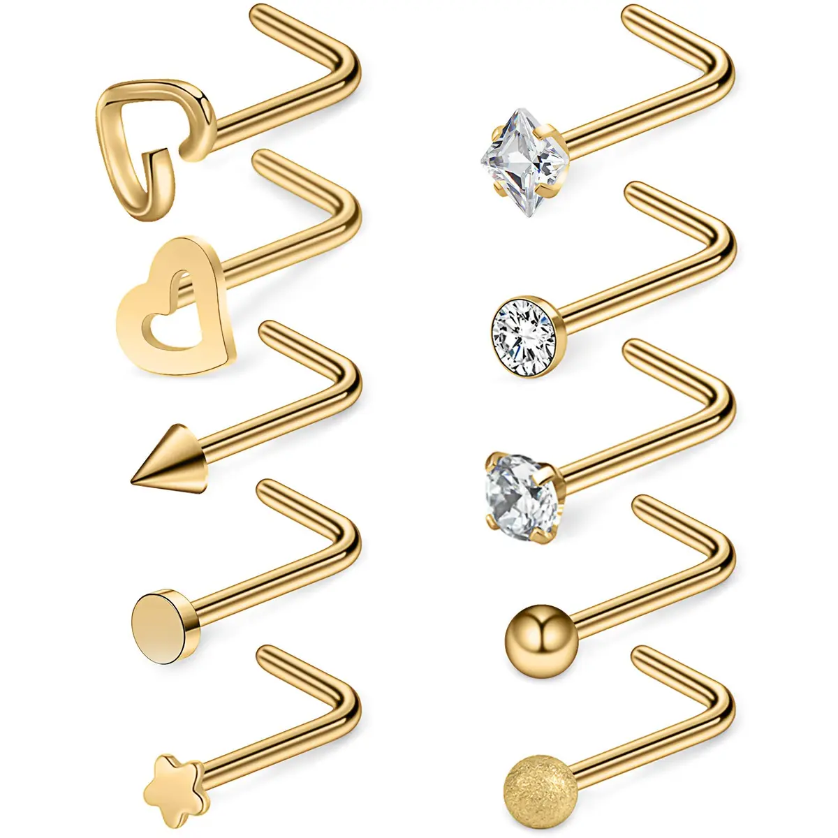 Ruifan Nose Piercing Jewelry 10PCS 20G Surgical Steel | Flat Ball, Heart, Star CZ Nose Studs (0.8mm, 6.5mm Pin) - main product image