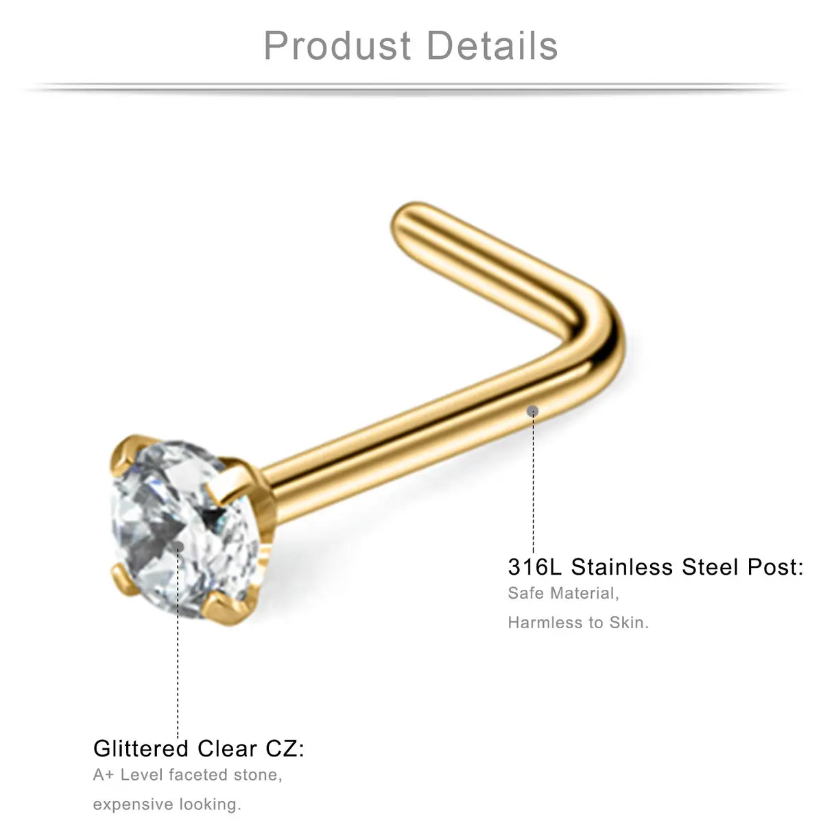 Ruifan Nose Piercing Jewelry 10PCS 20G Surgical Steel | Flat Ball, Heart, Star CZ Nose Studs (0.8mm, 6.5mm Pin) - view 2