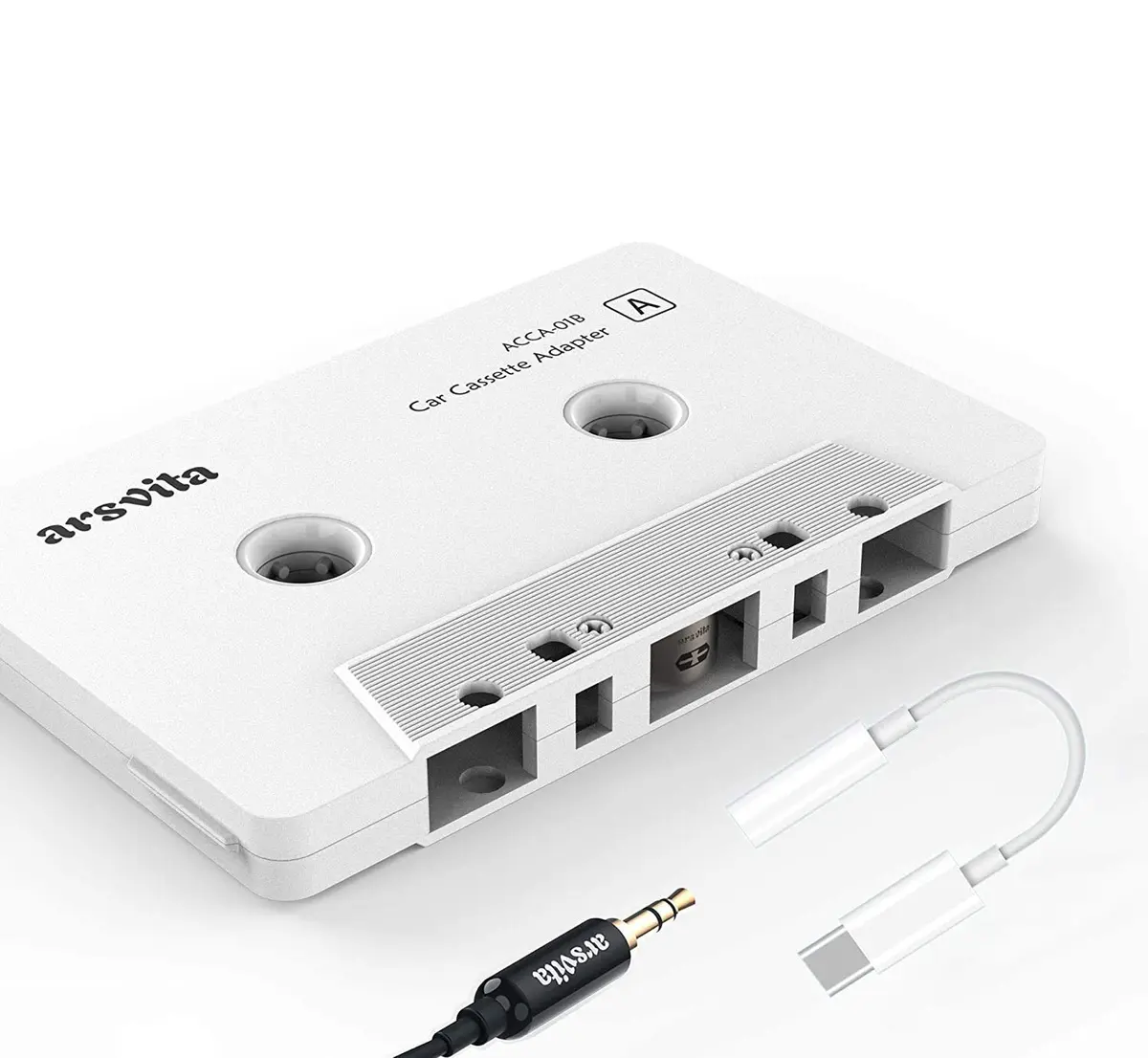 arsvita Car Audio aux Cassette Adapter and Type C to 3.5mm Aux Jack, Compatible for Google, Samsung, Xiaomi, Huawei Devices - White | Vintage Car Music Accessory - main product image