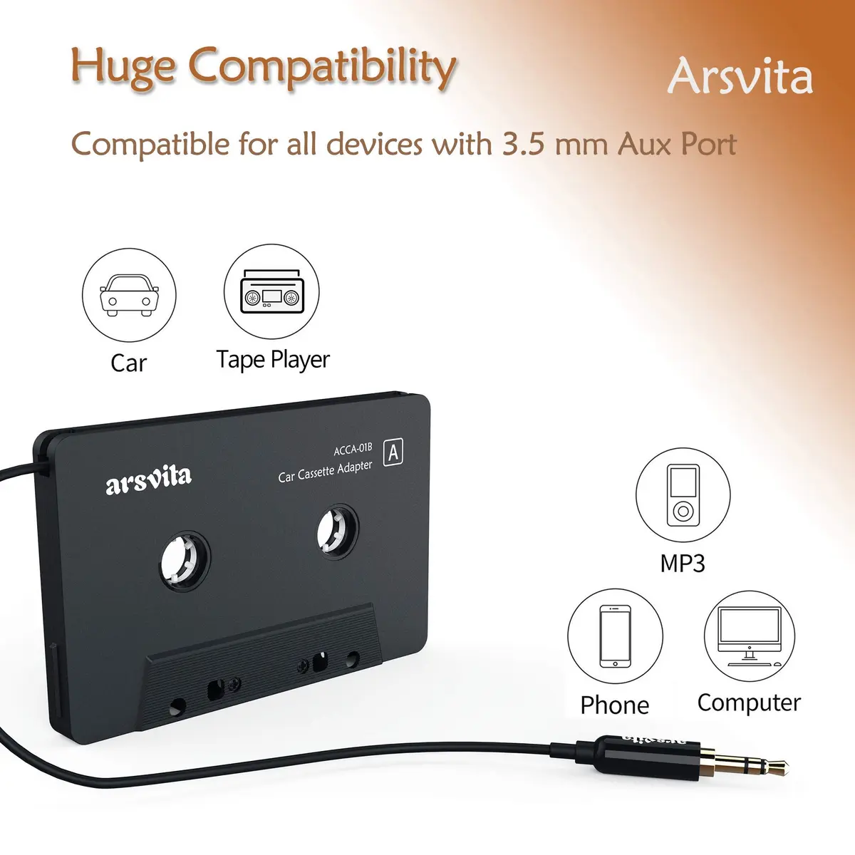 arsvita Car Audio aux Cassette Adapter and Type C to 3.5mm Aux Jack, Compatible for Google, Samsung, Xiaomi, Huawei Devices - White | Vintage Car Music Accessory - view 7