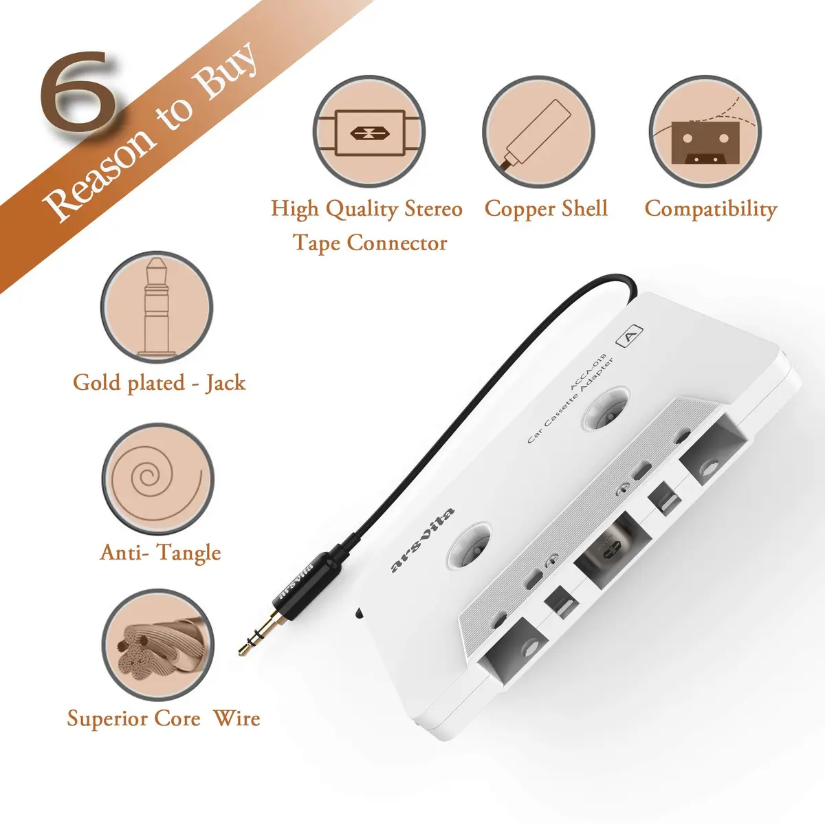 arsvita Car Audio aux Cassette Adapter and Type C to 3.5mm Aux Jack, Compatible for Google, Samsung, Xiaomi, Huawei Devices - White | Vintage Car Music Accessory - view 2