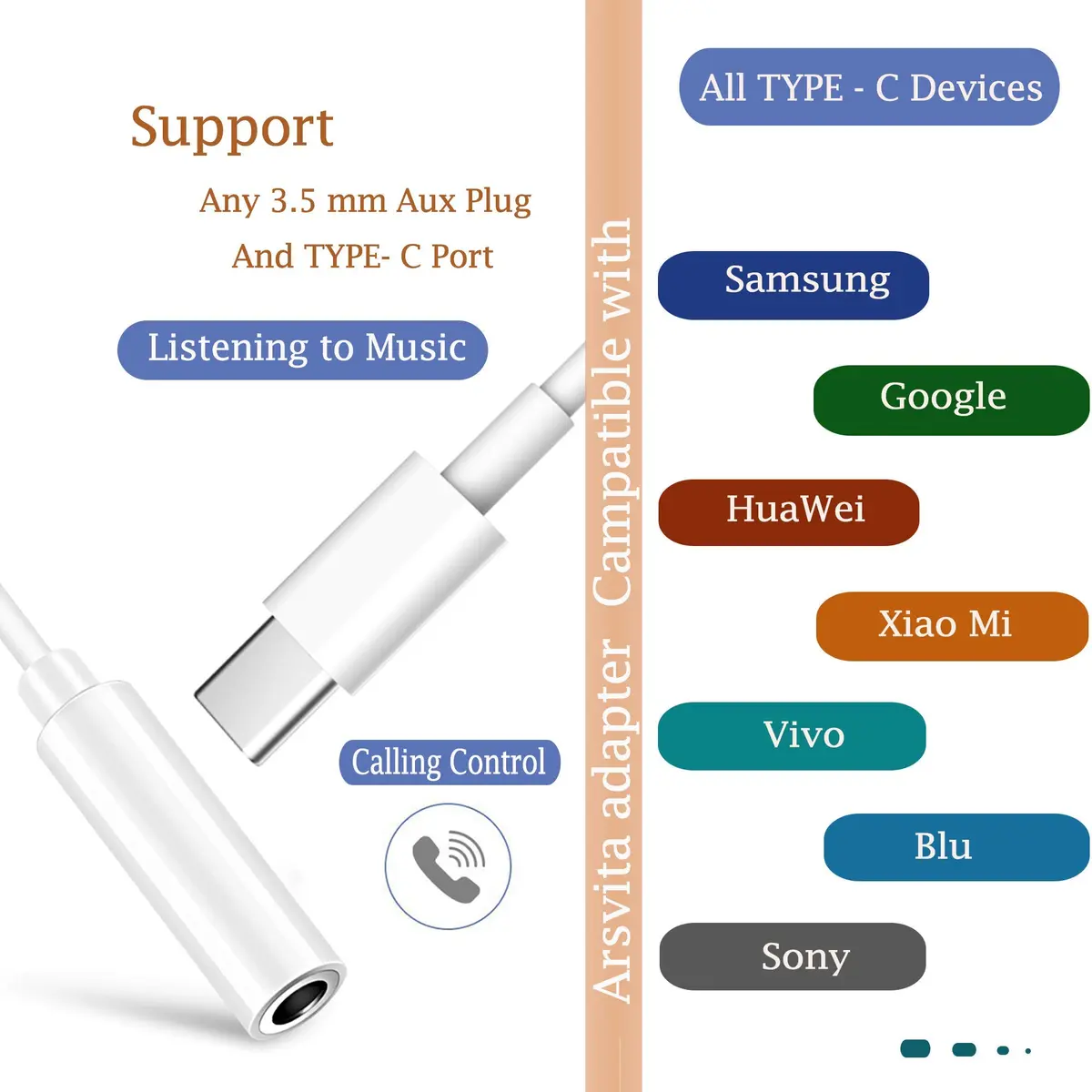 arsvita Car Audio aux Cassette Adapter and Type C to 3.5mm Aux Jack, Compatible for Google, Samsung, Xiaomi, Huawei Devices - White | Vintage Car Music Accessory - view 3