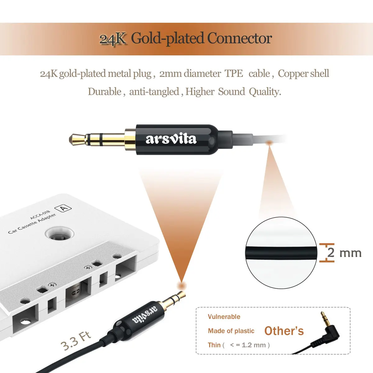 arsvita Car Audio aux Cassette Adapter and Type C to 3.5mm Aux Jack, Compatible for Google, Samsung, Xiaomi, Huawei Devices - White | Vintage Car Music Accessory - view 4