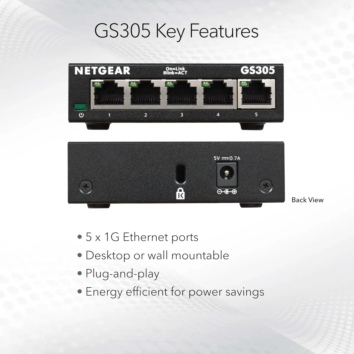 NETGEAR 5-Port Gigabit Ethernet Unmanaged Network Switch (GS305) | 5 Gbps Ports, Rugged Metal Case, Plug & Play, Silent Operation - view 5