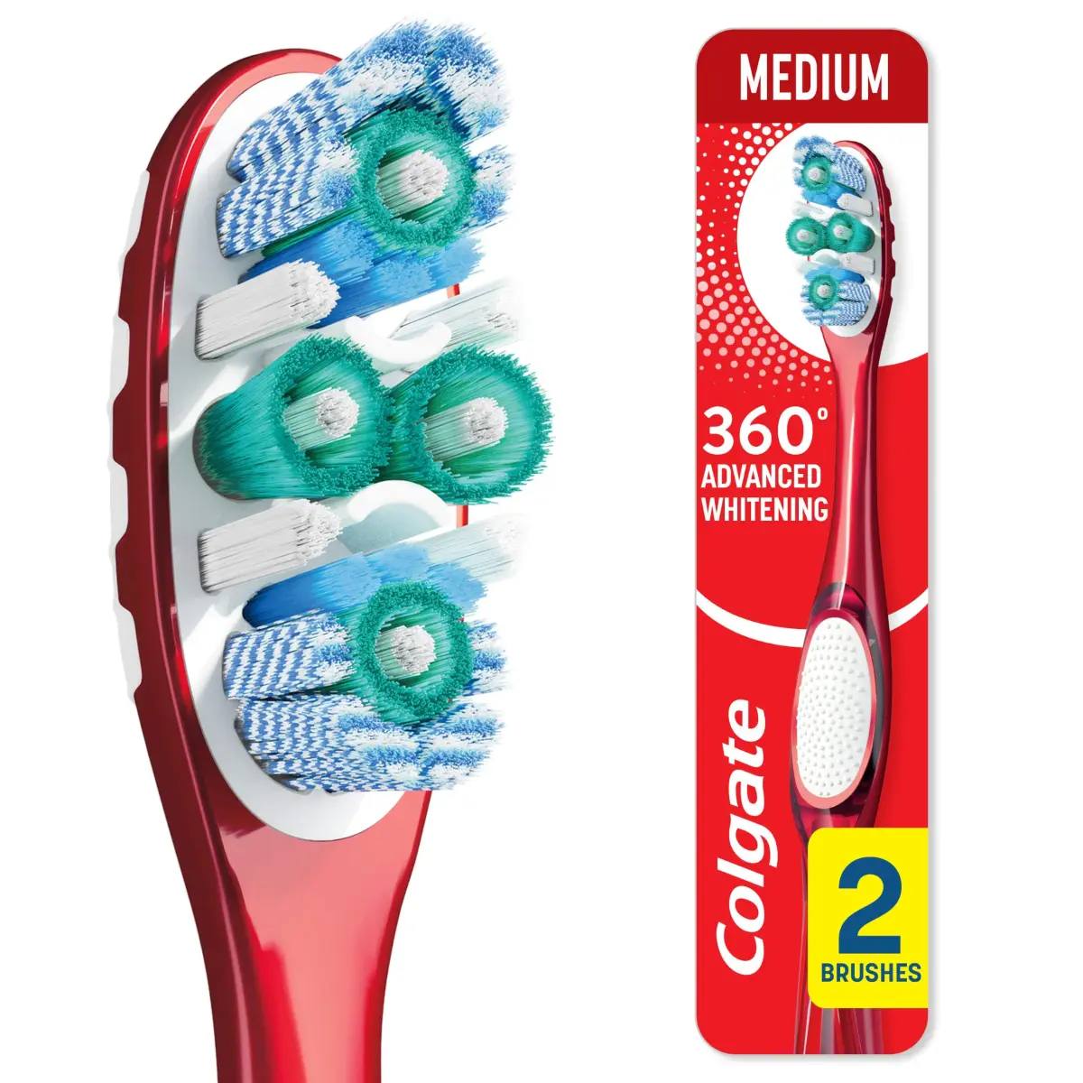 Colgate 360 Advanced Whitening Toothbrush Medium Bristles 2-Pack | Whitens Teeth & Cleans Whole Mouth - main product image