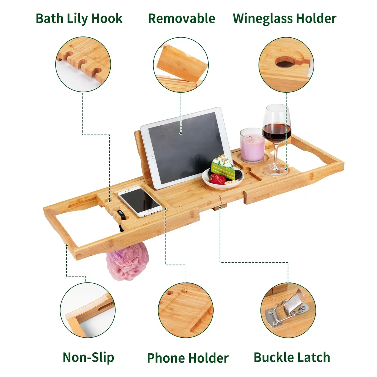 Utoplike Bamboo Bathtub Caddy Tray for Tub, Expandable Bath Table Trays | Adjustable, Durable Bamboo - view 5